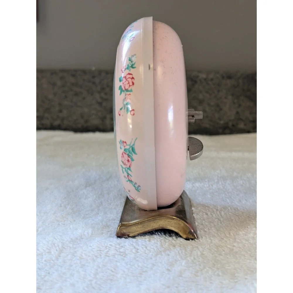 Vintage Retro Mid Century Wind Alarm Clock Round Pink Rose Flower US Time Rare